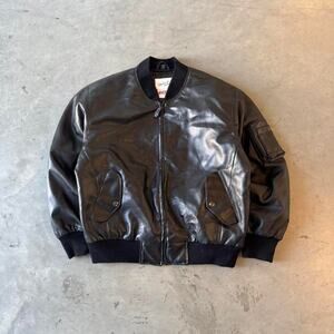 Y2k navy spellout embroidered leather bomber jacket